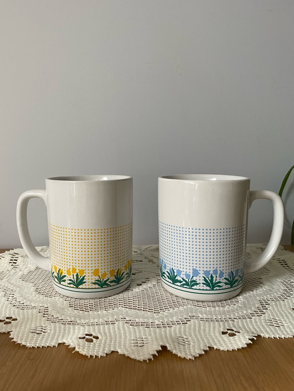 Vintage Ceramic Floral Tulip Polka Dot Coffee Mug Pair Blue and Yellow
